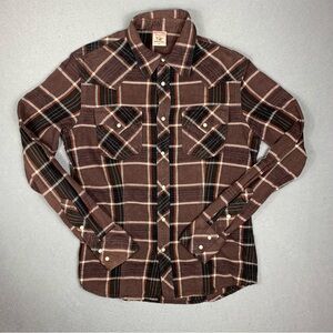 True Religion Flannel Pearl Snap Mens M Brown Plaid Long Sleeve Western